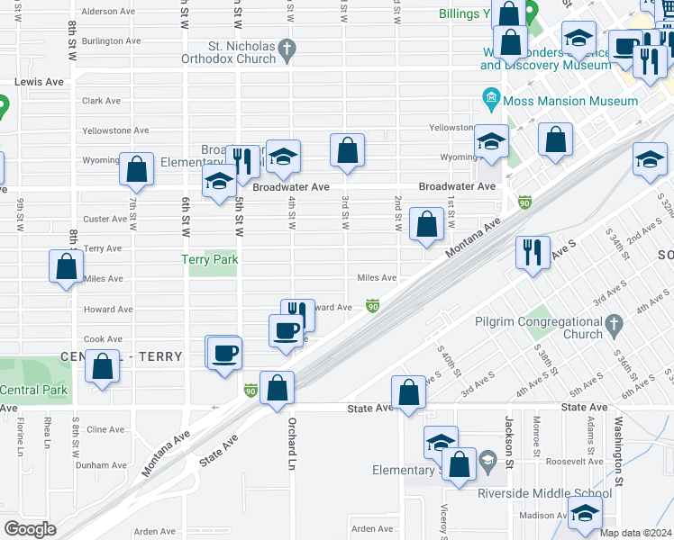 map of restaurants, bars, coffee shops, grocery stores, and more near 314 Miles Avenue in Billings