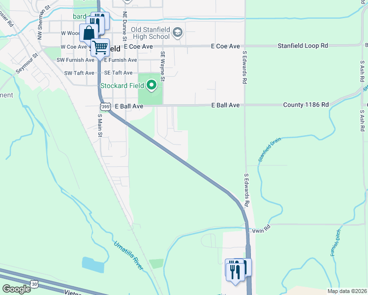 map of restaurants, bars, coffee shops, grocery stores, and more near 1746 Umatilla-Stanfield Highway in Stanfield