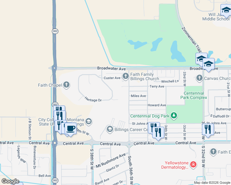 map of restaurants, bars, coffee shops, grocery stores, and more near 3627 Surrey Circle in Billings