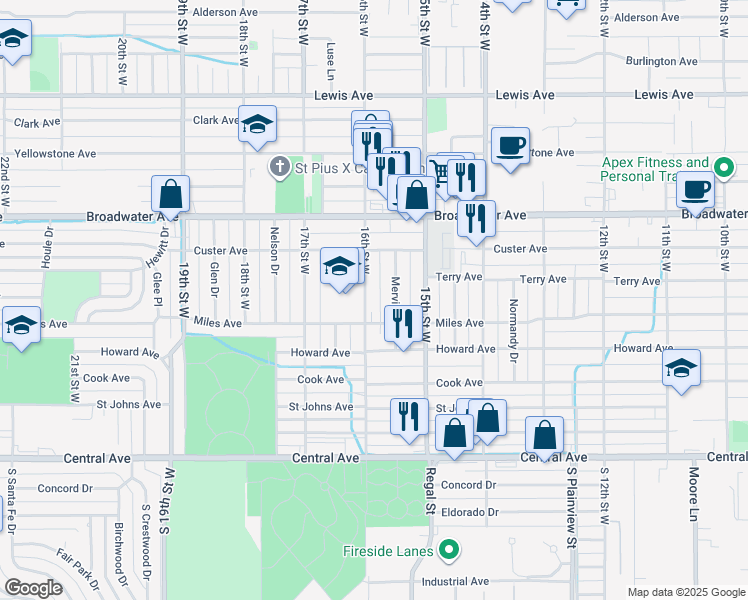 map of restaurants, bars, coffee shops, grocery stores, and more near 400-510 16th St W in Billings