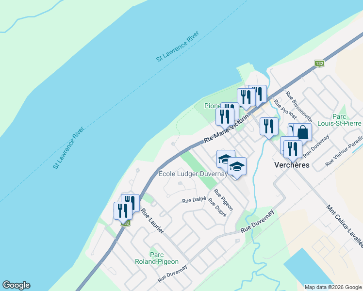 map of restaurants, bars, coffee shops, grocery stores, and more near 475 Route Marie-Victorin in Verchères