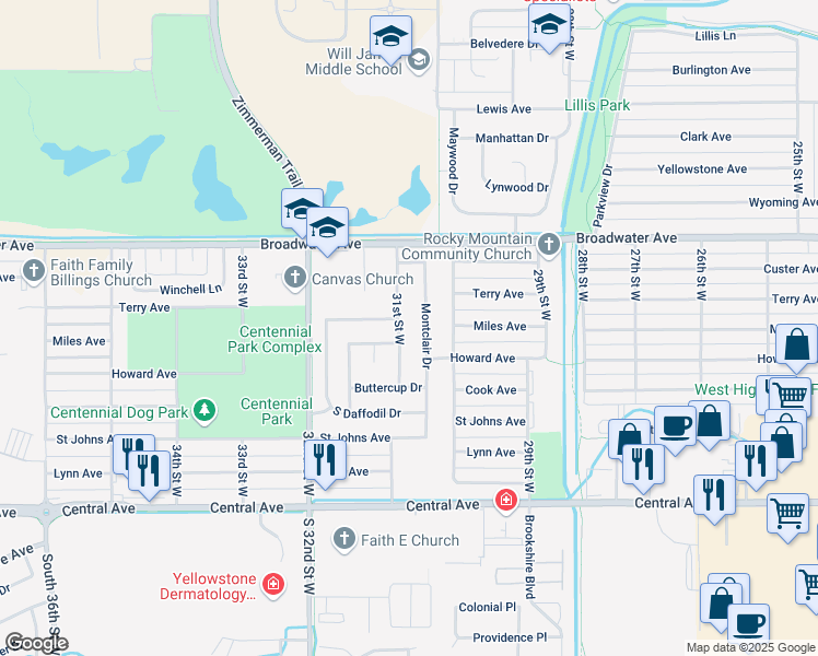 map of restaurants, bars, coffee shops, grocery stores, and more near 373 31st Street West in Billings