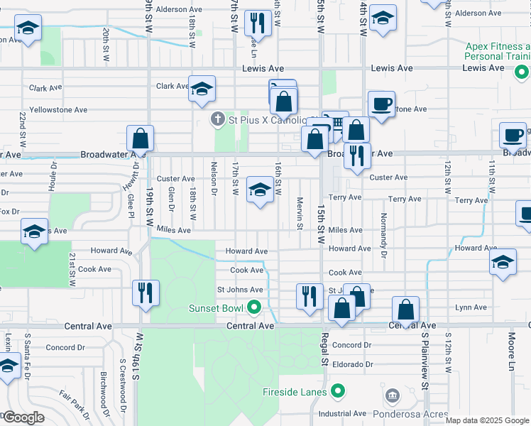 map of restaurants, bars, coffee shops, grocery stores, and more near 1601 Miles Avenue in Billings