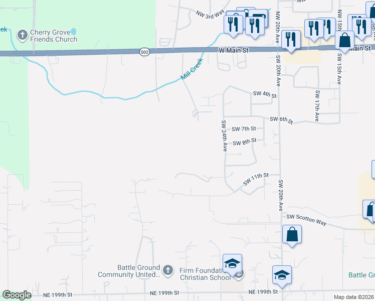 map of restaurants, bars, coffee shops, grocery stores, and more near 601 Southwest 27th Avenue in Battle Ground