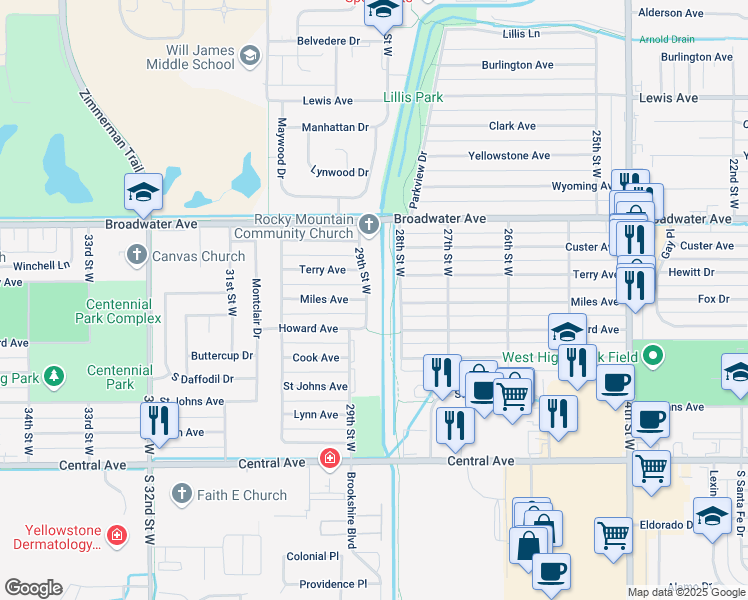 map of restaurants, bars, coffee shops, grocery stores, and more near 2907 Howard Avenue in Billings