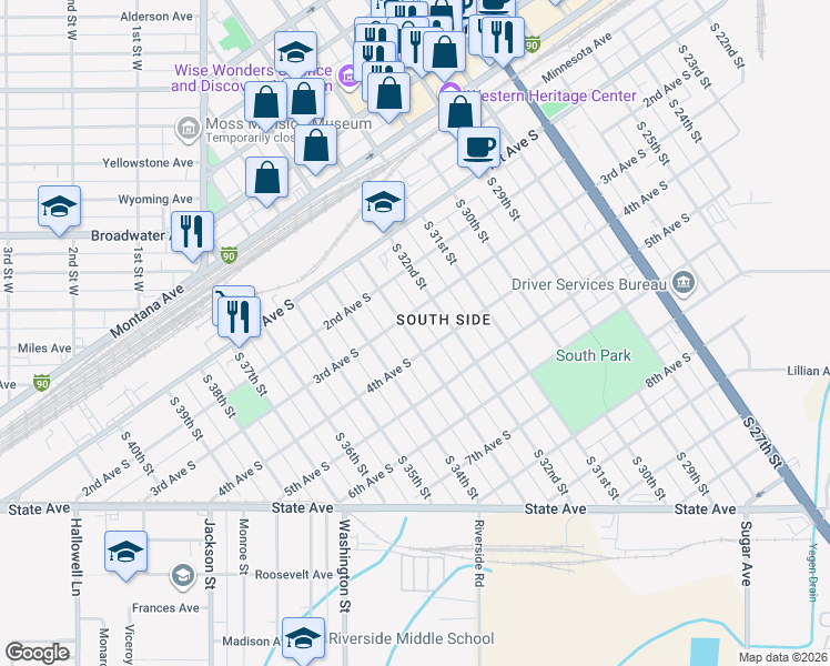 map of restaurants, bars, coffee shops, grocery stores, and more near 324 South 33rd Street in Billings