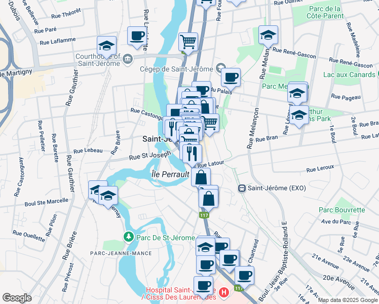 map of restaurants, bars, coffee shops, grocery stores, and more near 222 Québec 117 in Saint-Jérôme