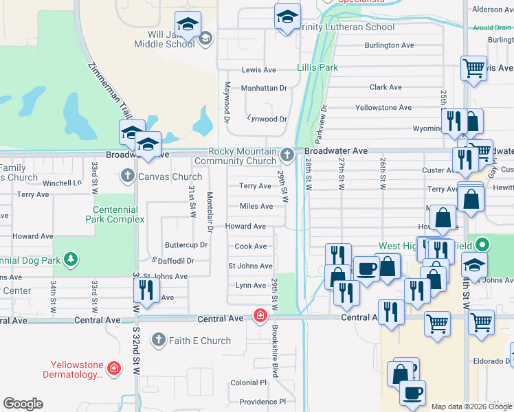 map of restaurants, bars, coffee shops, grocery stores, and more near 2927 Howard Avenue in Billings
