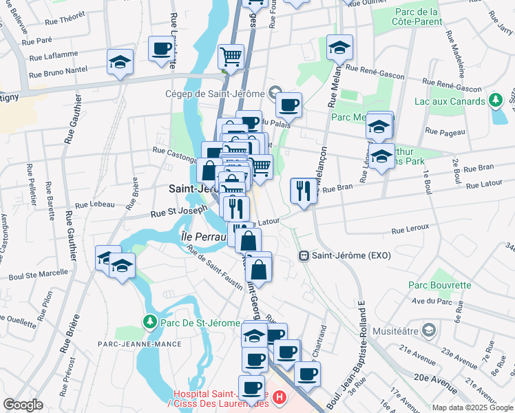 map of restaurants, bars, coffee shops, grocery stores, and more near 225 Rue de Villemure in Saint-Jérôme