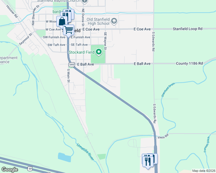 map of restaurants, bars, coffee shops, grocery stores, and more near 855 Tinley St in Stanfield