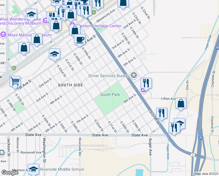 map of restaurants, bars, coffee shops, grocery stores, and more near 2906 6th Avenue South in Billings