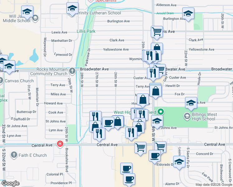 map of restaurants, bars, coffee shops, grocery stores, and more near 2607 Howard Ave in Billings