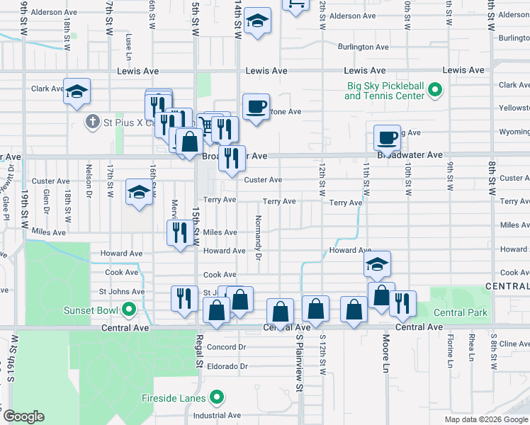 map of restaurants, bars, coffee shops, grocery stores, and more near 1303 Miles Avenue in Billings