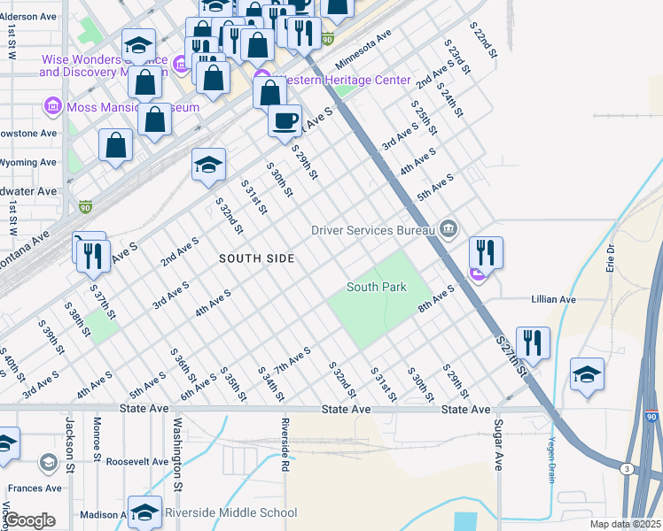 map of restaurants, bars, coffee shops, grocery stores, and more near 502 South 30th Street in Billings