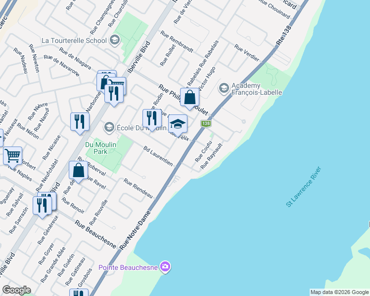 map of restaurants, bars, coffee shops, grocery stores, and more near 1009 Rue Notre-Dame in Repentigny
