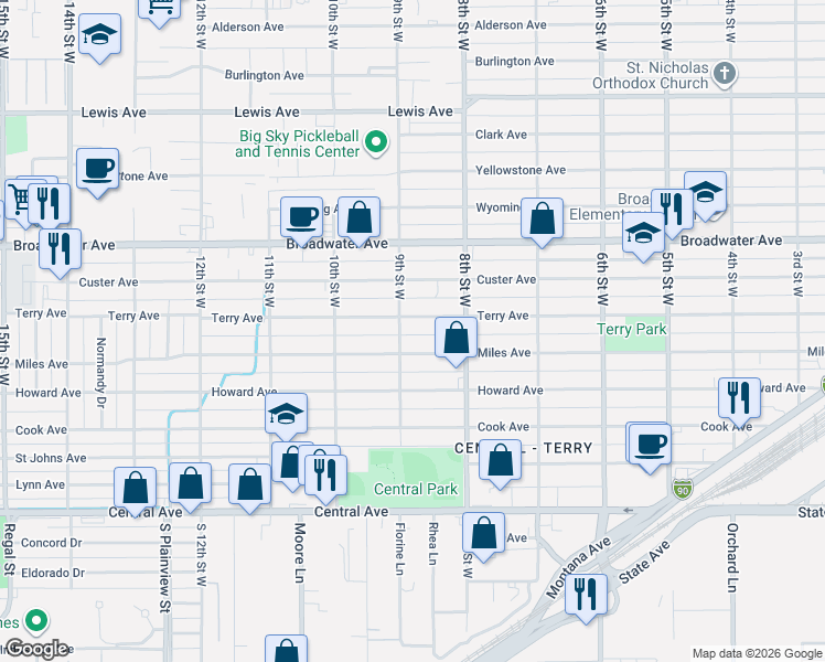 map of restaurants, bars, coffee shops, grocery stores, and more near 800-898 Miles Avenue in Billings