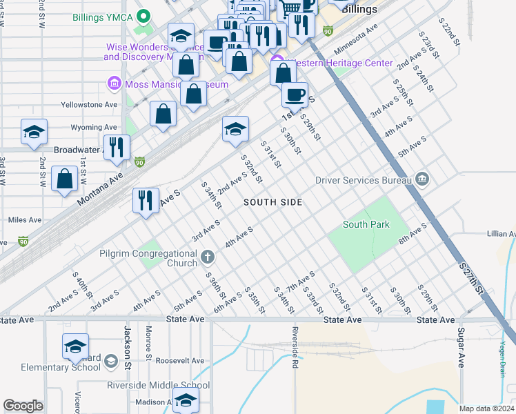 map of restaurants, bars, coffee shops, grocery stores, and more near 324 South 33rd Street in Billings