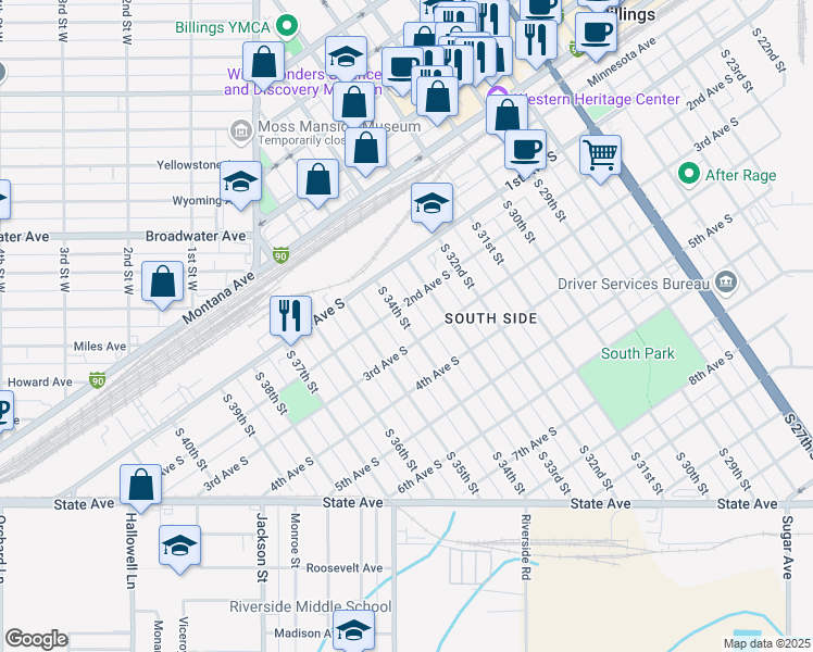 map of restaurants, bars, coffee shops, grocery stores, and more near 215 South 35th Street in Billings