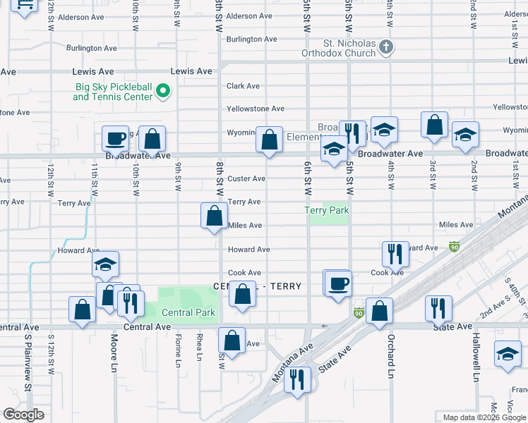 map of restaurants, bars, coffee shops, grocery stores, and more near 638 Miles Avenue in Billings