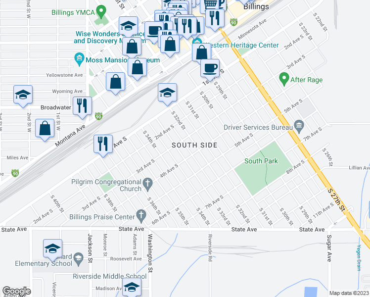 map of restaurants, bars, coffee shops, grocery stores, and more near 309 South 33rd Street in Billings