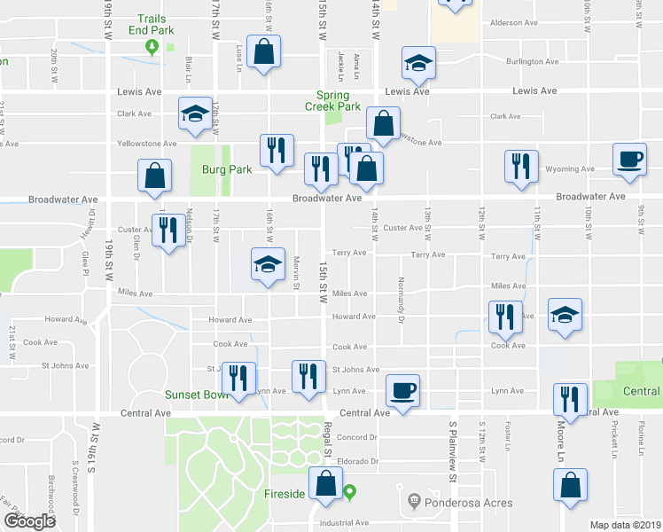 map of restaurants, bars, coffee shops, grocery stores, and more near 419 15th Street West in Billings
