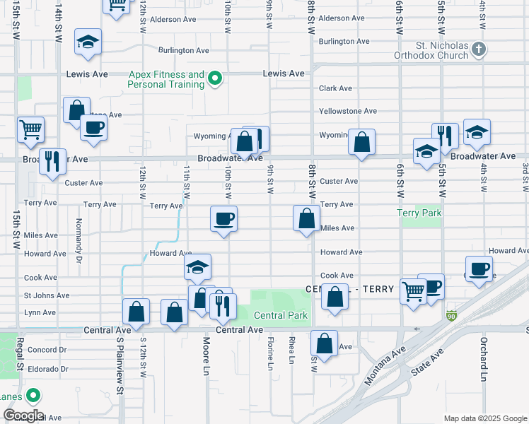 map of restaurants, bars, coffee shops, grocery stores, and more near 901 Terry Avenue in Billings