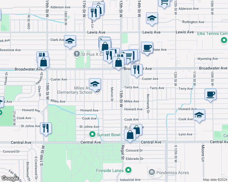 map of restaurants, bars, coffee shops, grocery stores, and more near 425 Mervin Street in Billings