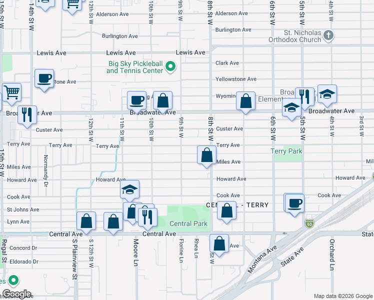 map of restaurants, bars, coffee shops, grocery stores, and more near 901 Terry Avenue in Billings