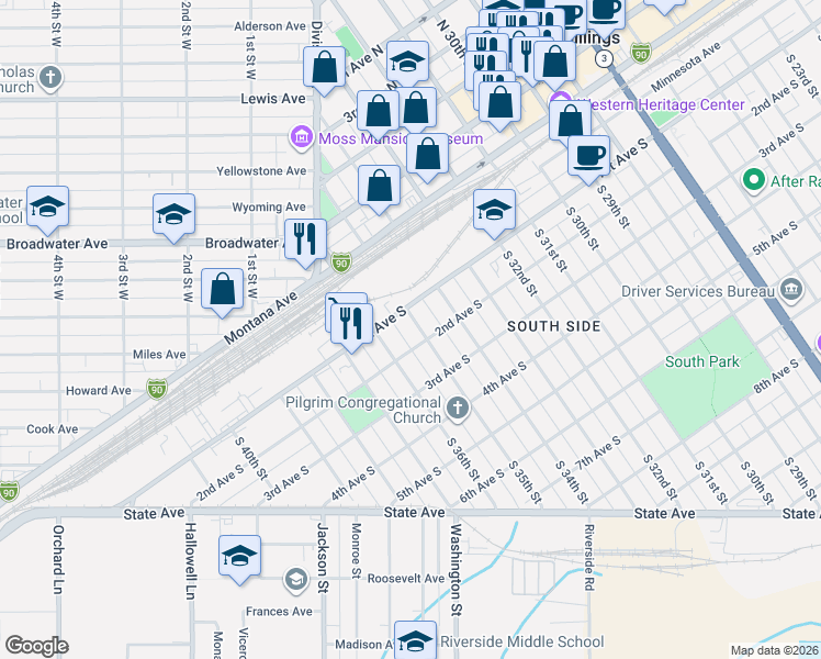 map of restaurants, bars, coffee shops, grocery stores, and more near 116 South 35th Street in Billings