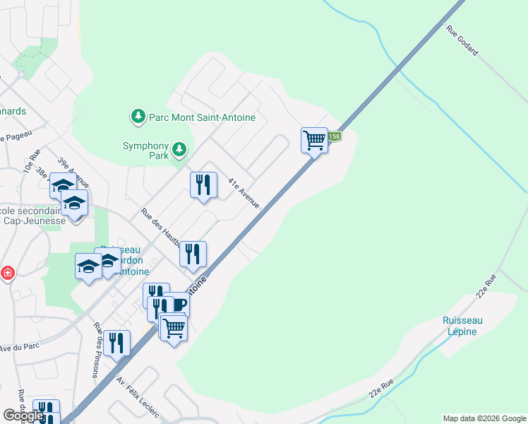 map of restaurants, bars, coffee shops, grocery stores, and more near Boulevard Saint-Antoine in Saint-Jérôme
