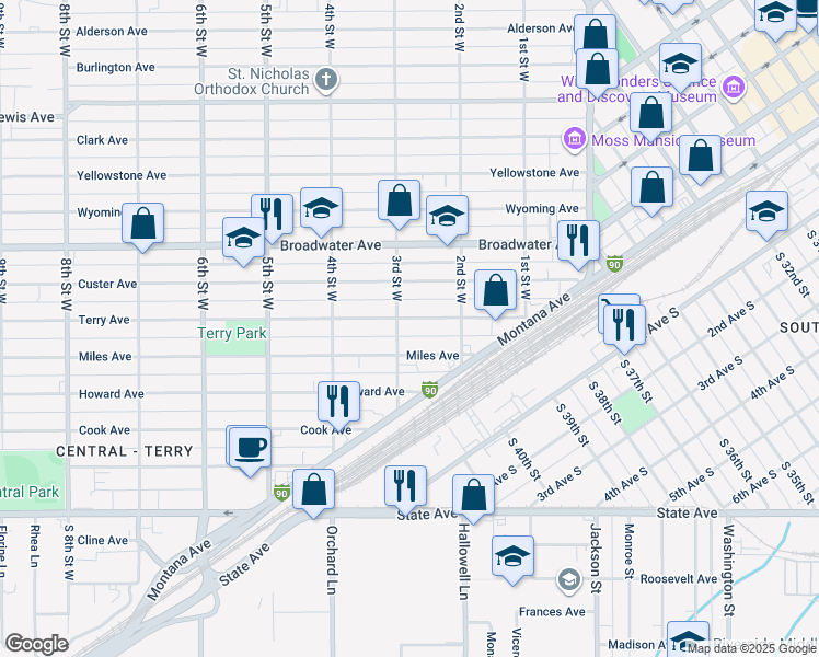 map of restaurants, bars, coffee shops, grocery stores, and more near 231 Terry Avenue in Billings