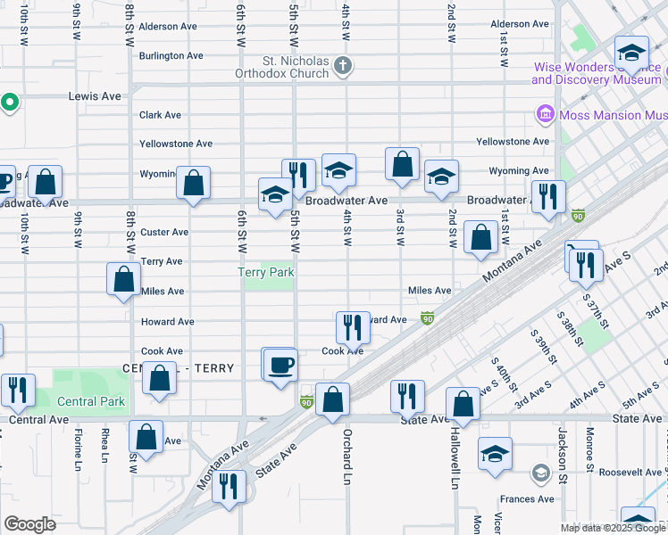 map of restaurants, bars, coffee shops, grocery stores, and more near 412 Terry Avenue in Billings