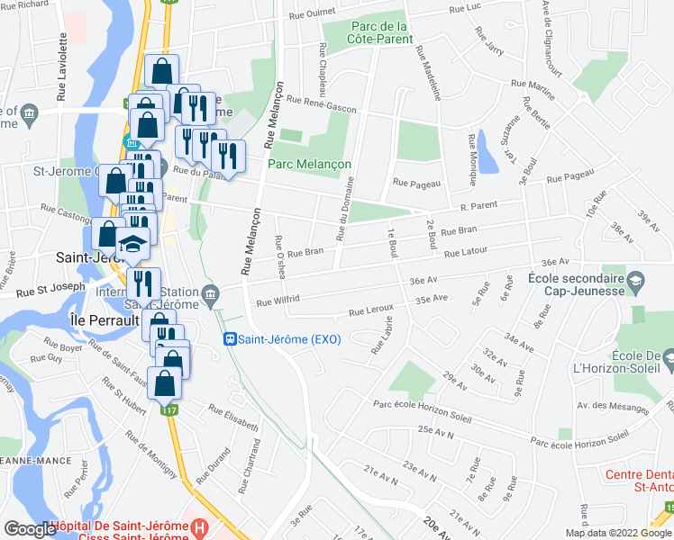map of restaurants, bars, coffee shops, grocery stores, and more near Rue Latour in Saint-Jérôme