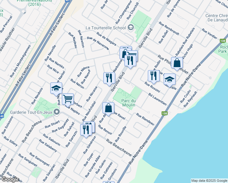 map of restaurants, bars, coffee shops, grocery stores, and more near 1040 Boulevard Iberville in Repentigny