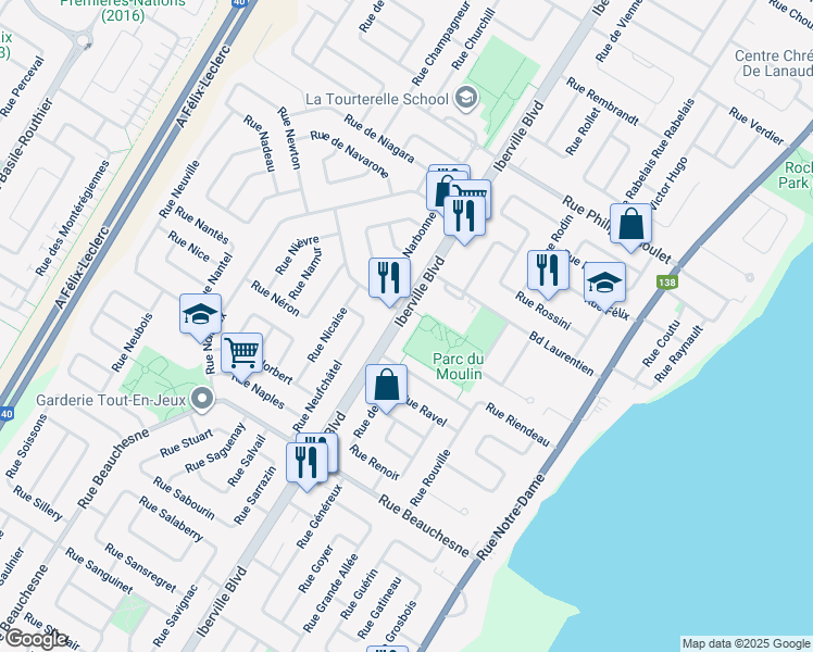 map of restaurants, bars, coffee shops, grocery stores, and more near 1040 Boulevard Iberville in Repentigny