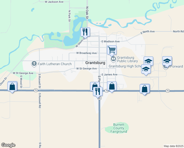 map of restaurants, bars, coffee shops, grocery stores, and more near 125 West Saint George Avenue in Grantsburg