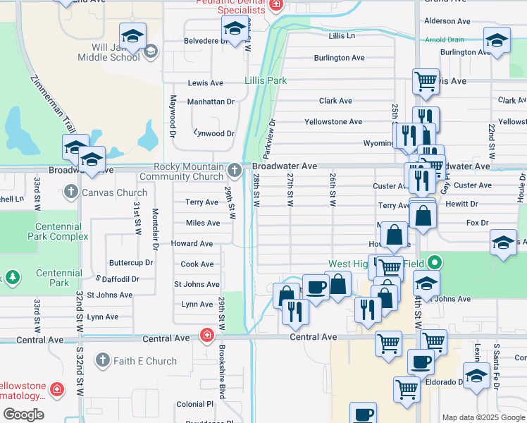 map of restaurants, bars, coffee shops, grocery stores, and more near 2717 Terry Avenue in Billings