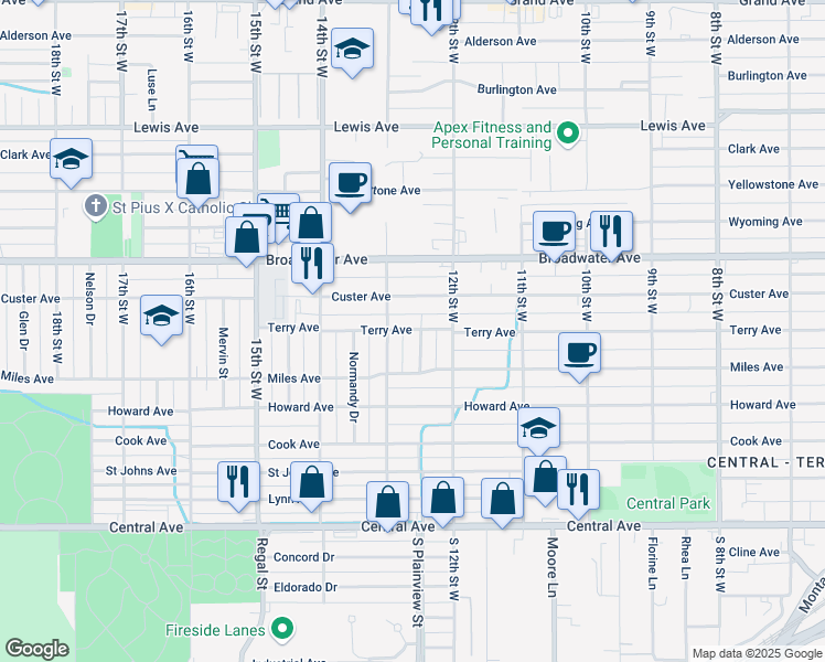 map of restaurants, bars, coffee shops, grocery stores, and more near 1225-1229 Terry Avenue in Billings