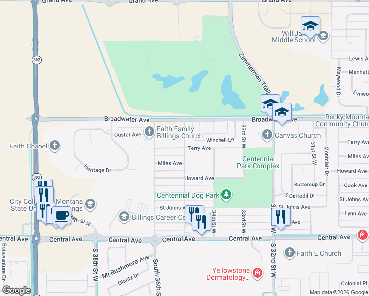 map of restaurants, bars, coffee shops, grocery stores, and more near 601 35th Street West in Billings