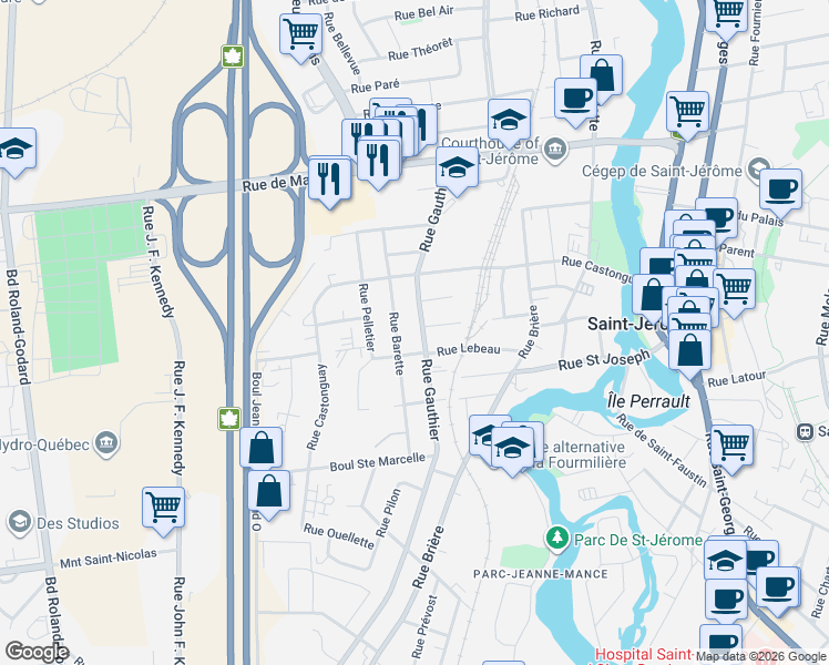 map of restaurants, bars, coffee shops, grocery stores, and more near 270 Rue Gauthier in Saint-Jérôme