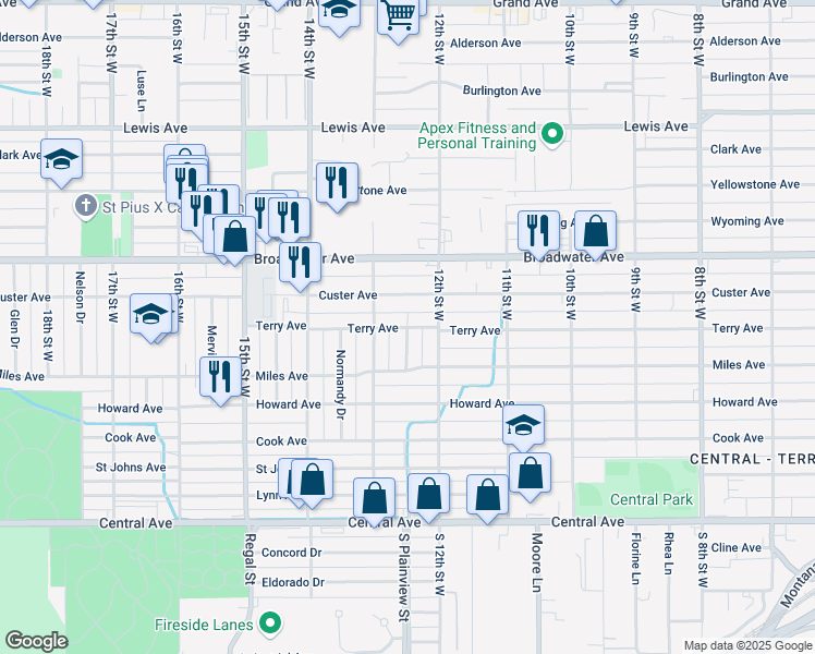 map of restaurants, bars, coffee shops, grocery stores, and more near 1225 Terry Avenue in Billings