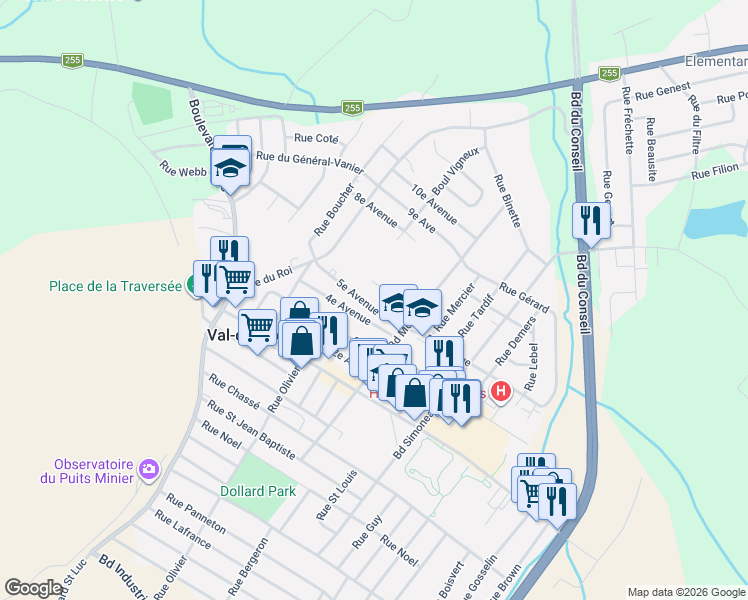 map of restaurants, bars, coffee shops, grocery stores, and more near 305 5e Avenue in Val-des-Sources