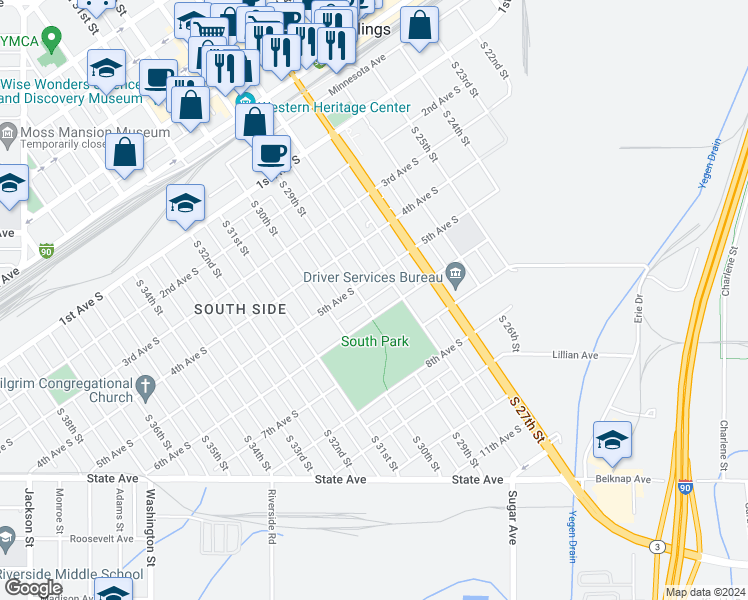 map of restaurants, bars, coffee shops, grocery stores, and more near 523 South 29th Street in Billings
