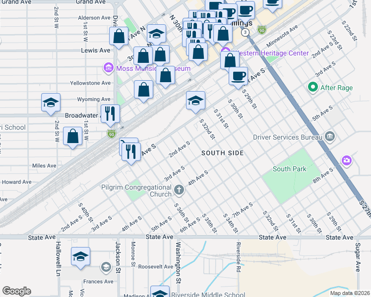 map of restaurants, bars, coffee shops, grocery stores, and more near 113 South 34th Street in Billings