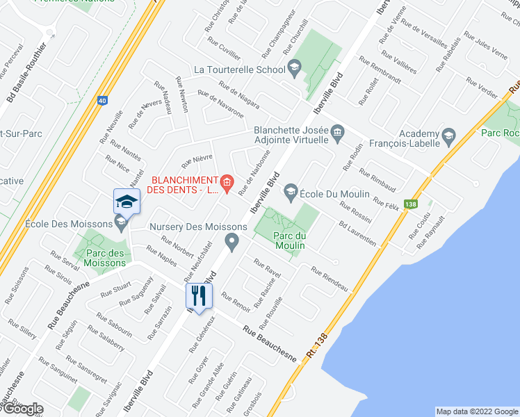 map of restaurants, bars, coffee shops, grocery stores, and more near 1056 Iberville Boulevard in Repentigny