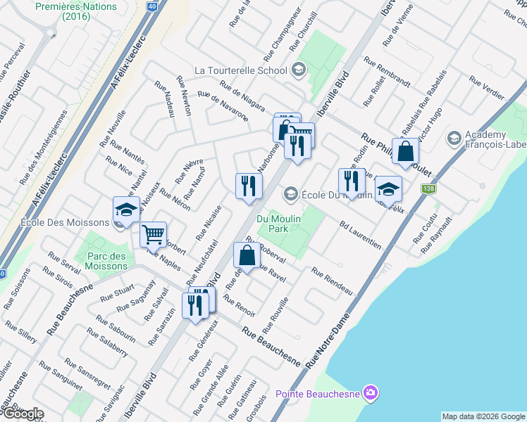 map of restaurants, bars, coffee shops, grocery stores, and more near 1056 Iberville Boulevard in Repentigny