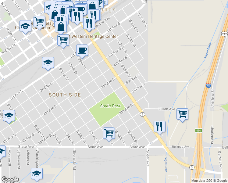 map of restaurants, bars, coffee shops, grocery stores, and more near 600 South Broadway in Billings