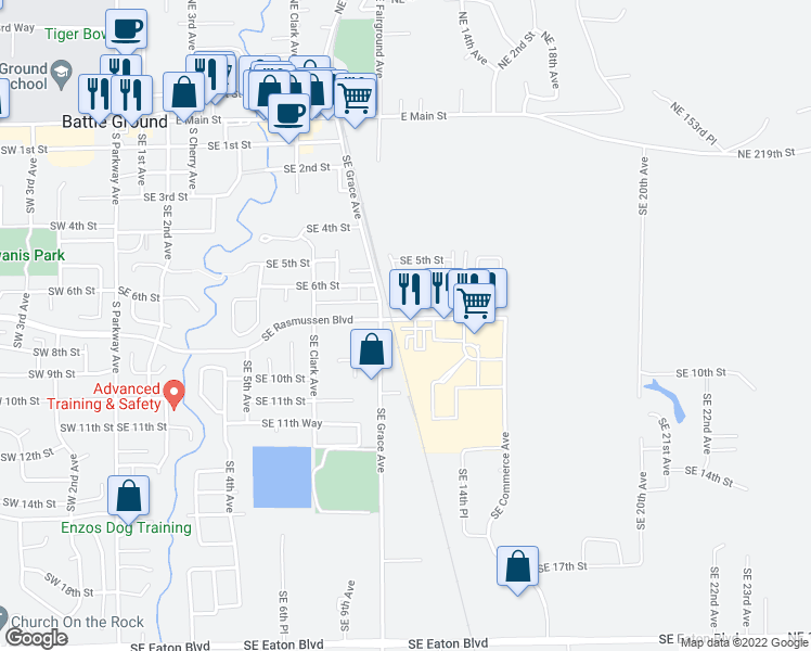 map of restaurants, bars, coffee shops, grocery stores, and more near 1107 Southeast Rasmussen Boulevard in Battle Ground