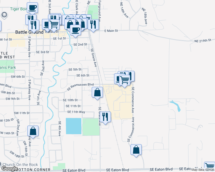 map of restaurants, bars, coffee shops, grocery stores, and more near 1111 Southeast Rasmussen Boulevard in Battle Ground