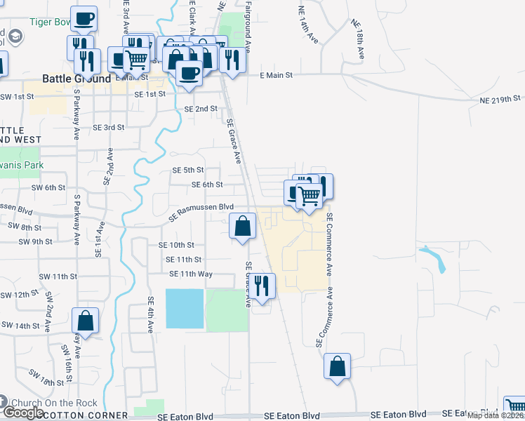 map of restaurants, bars, coffee shops, grocery stores, and more near 1102 Southeast Rasmussen Boulevard in Battle Ground
